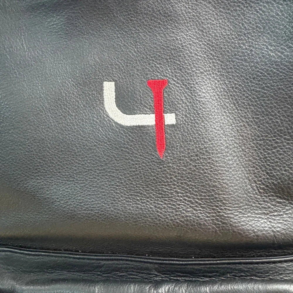 FH Wadsworth Black Leather Backpack Short Par 4 Logo Laptop Sleeve Frayed *READ*